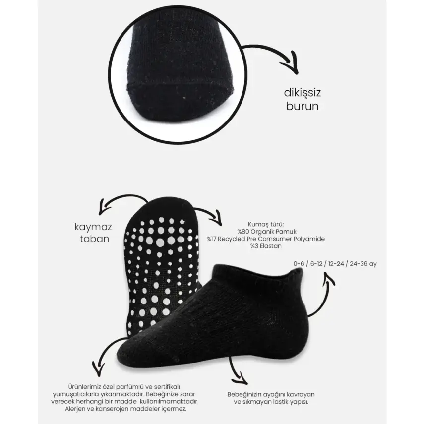Bibaby Unisex Çorap Sneakers Bistyle 6lı Kaymaz Penye Gri - 2