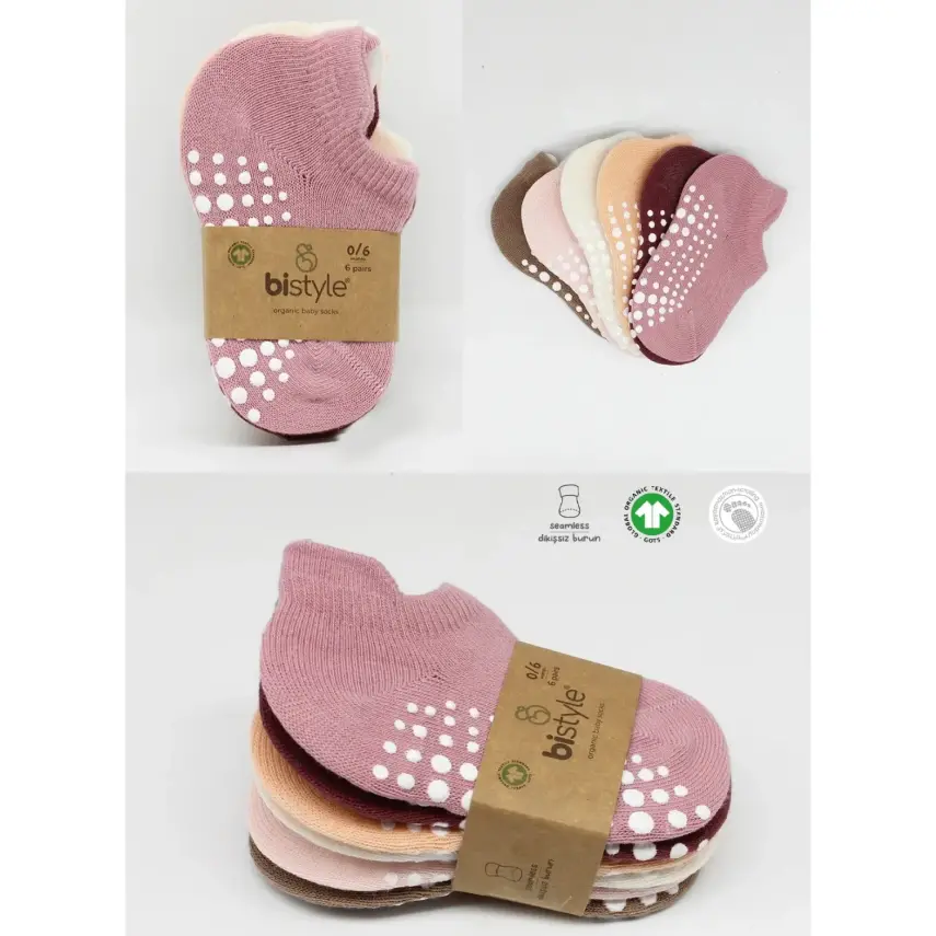 Bibaby Unisex Çorap Sneakers Bistyle 6lı Kaymaz Penye Gül Kurusu - 8