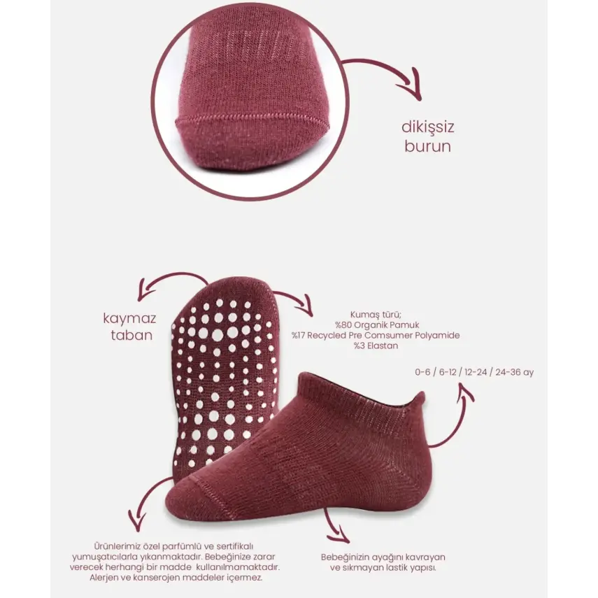 Bibaby Unisex Çorap Sneakers Bistyle 6lı Kaymaz Penye Gül Kurusu - 15