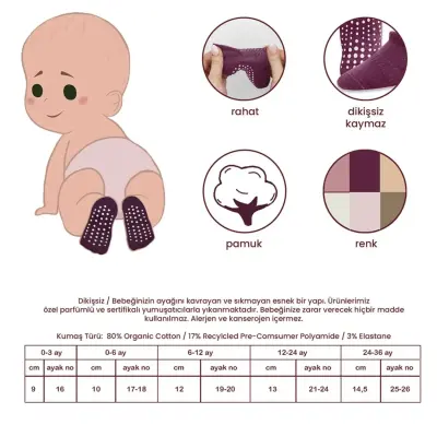 Bibaby Unisex Çorap Sneakers Bistyle 6lı Kaymaz Penye Gül Kurusu - 9