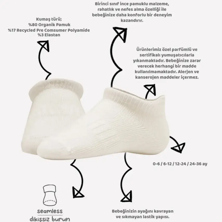 Bibaby Unisex Çorap Sneakers Bistyle 6lı Penye Ekru - 3