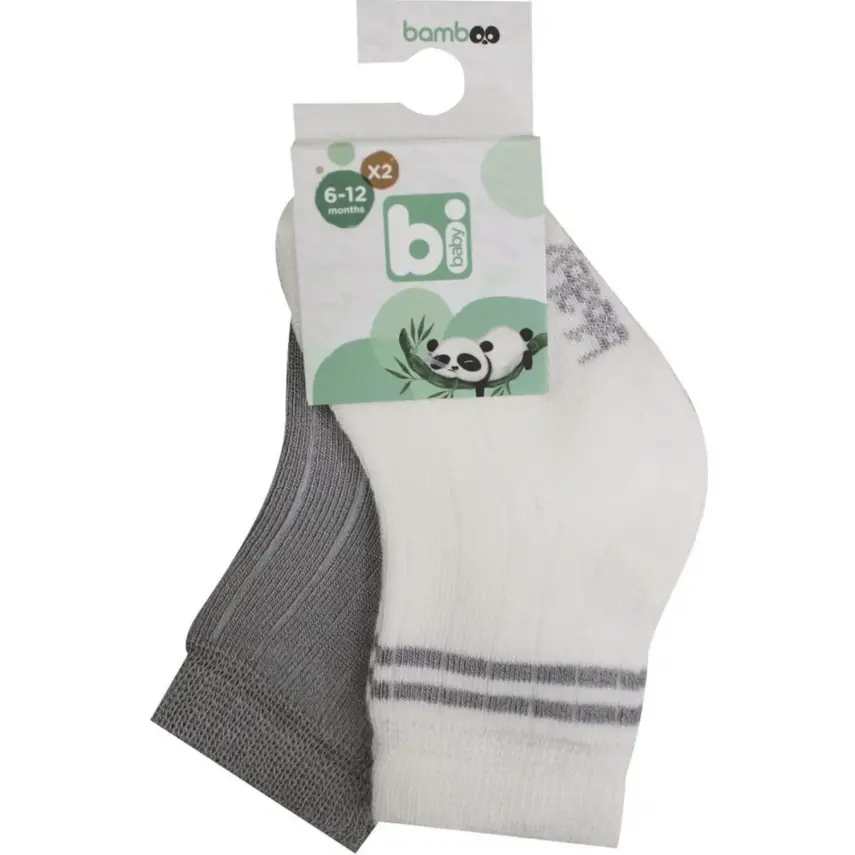 Bibaby Unisex Çorap Soket 2li Derby Bamboo Ekru - Gri - 1