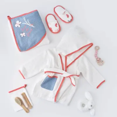 Bibaby Unisex Organik Bebek Bornoz Takımı Wild Flowers Coral