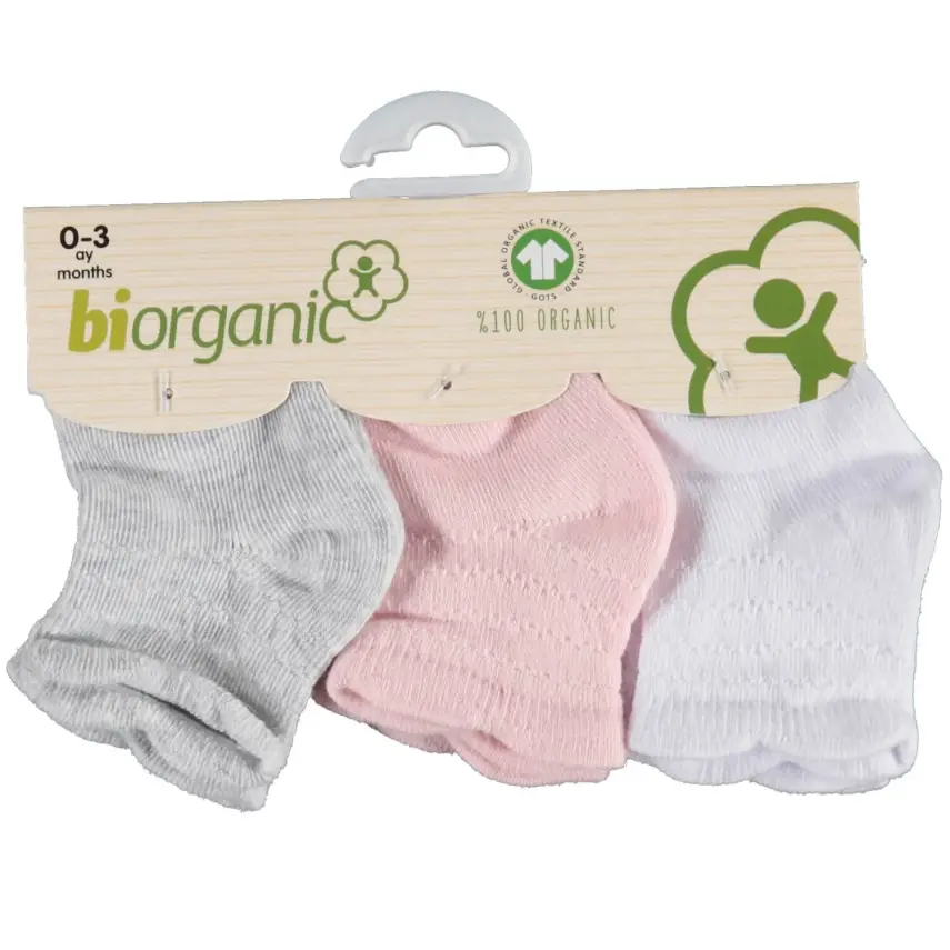 Bibaby Unisex Organik Çorap Soket 3lü Basic Desenli Beyaz - Pembe - Gri - 1
