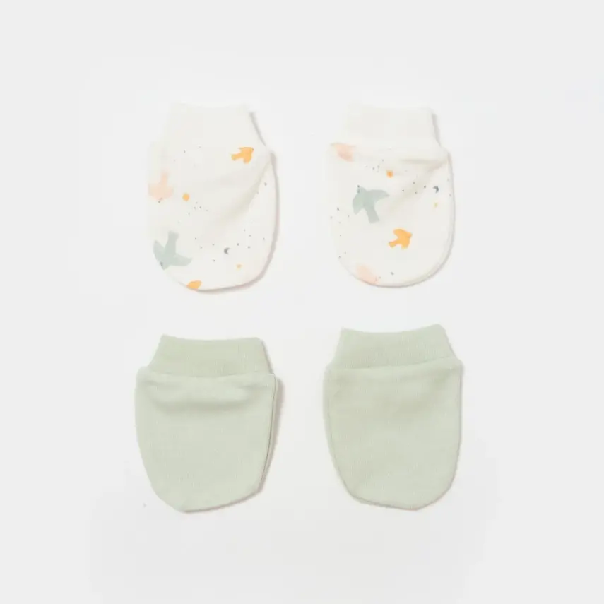 Bibaby Unisex Organik Eldiven 2li Tiny Birds Ekru - Yeşil - 1