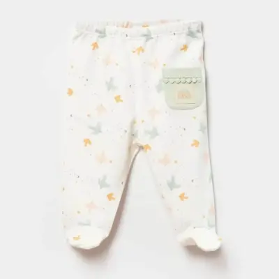 Bibaby Unisex Organik Pantolon Patikli Tiny Birds Ekru - Yeşil