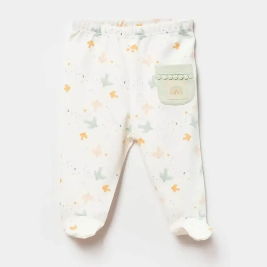 Bibaby Unisex Organik Pantolon Patikli Tiny Birds Ekru - Yeşil - 1