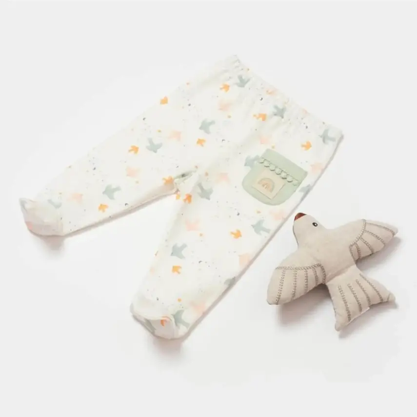Bibaby Unisex Organik Pantolon Patikli Tiny Birds Ekru - Yeşil - 2