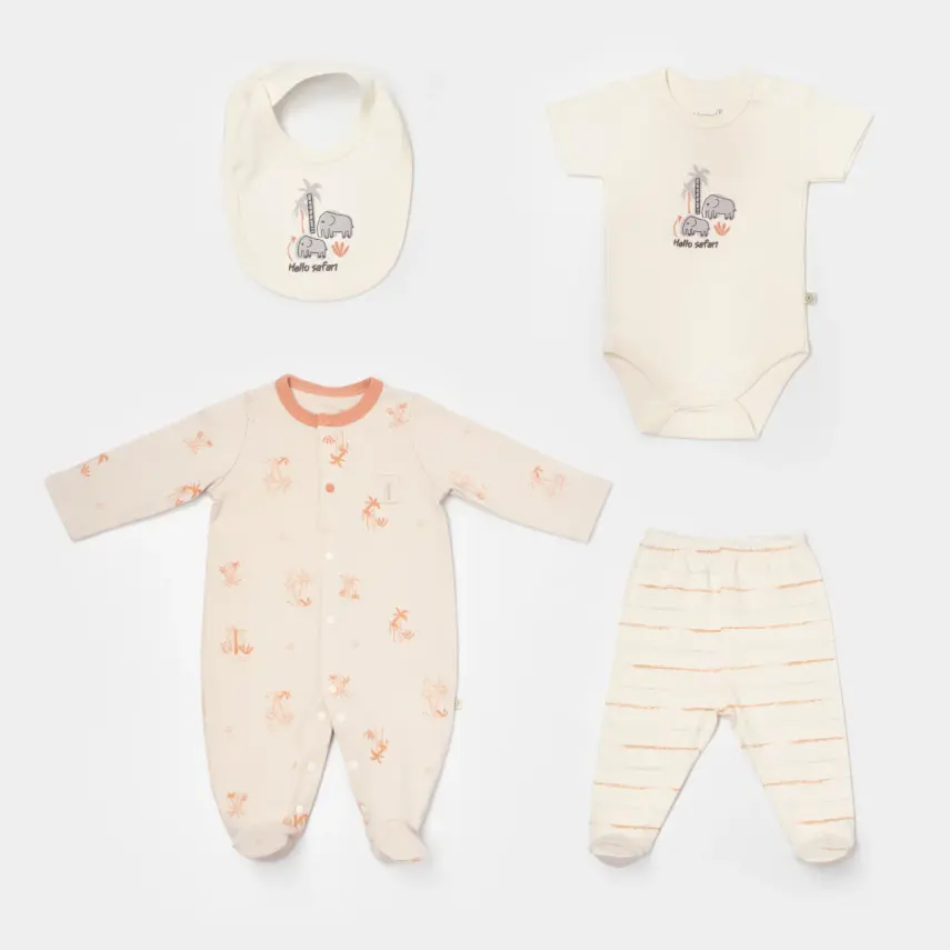 Bibaby Unisex Organik Tulum Takımı Tüllü Hello Safari Ekru - Kiremit - 1