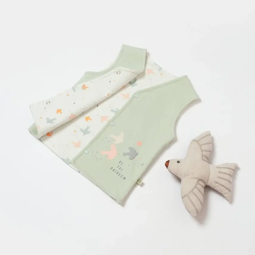 Bibaby Unisex Organik Yelek Tiny Birds Ekru - Yeşil - 4