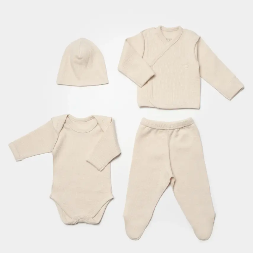 Bibaby Unisex Organik Zıbın Takımı 4lü Waffle Smile Prematüre Bej - 1