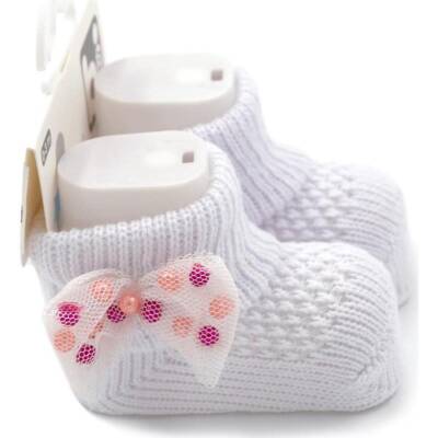 Bibaby Unisex Patik Çorap Fiyonklu Taş Beyaz - 1