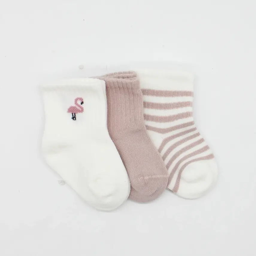 Bistyle Çorap Soket 3lü Penye Flamingo Girl Gül Kurusu - Ekru - Lila - 2