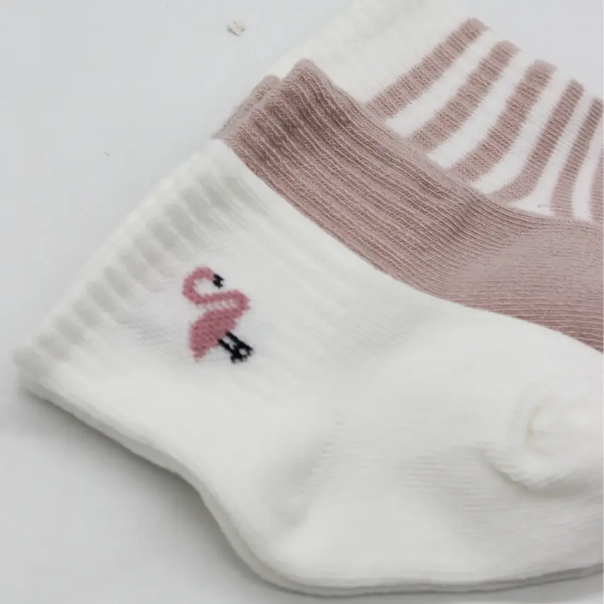 Bistyle Çorap Soket 3lü Penye Flamingo Girl Gül Kurusu - Ekru - Lila - 4