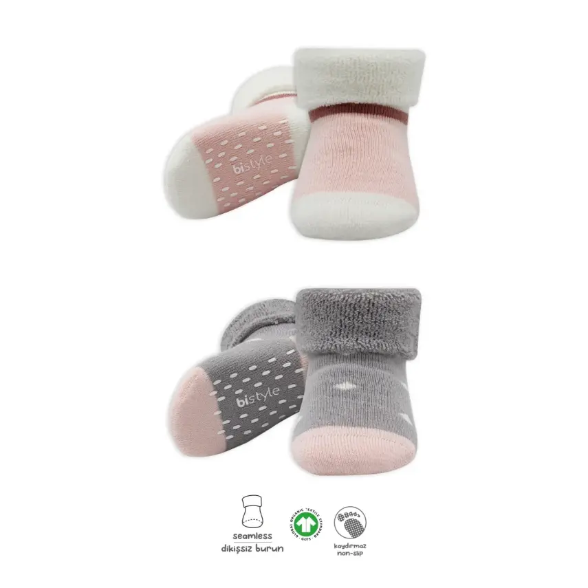 Bistyle Kız Çorap Soket Havlu 2li Kaymaz Point Girl Gri - Pudra - 1