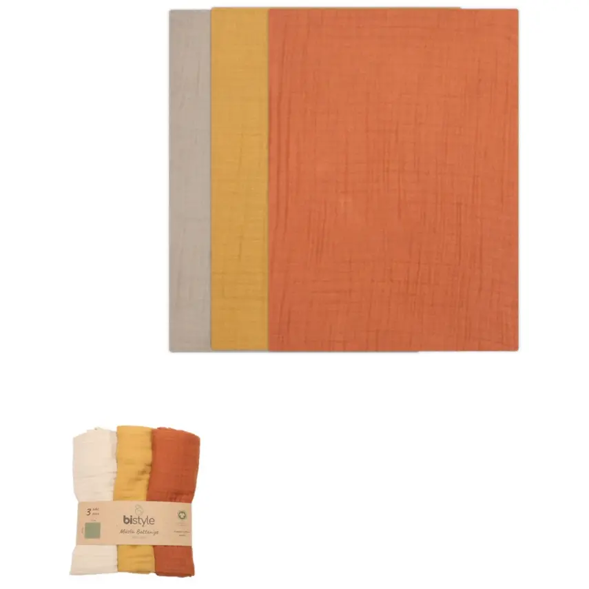 Bistyle Organik 3lü Müslin Bebek Battaniye 60x60cm Kiremit - Bej - Hardal - 4
