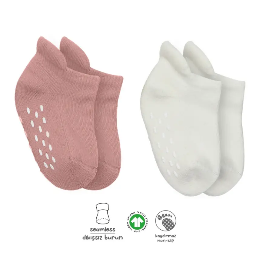 Bistyle Organik Çorap Sneakers Havlu 2li Kaymaz Basic Pudra - Ekru - 1