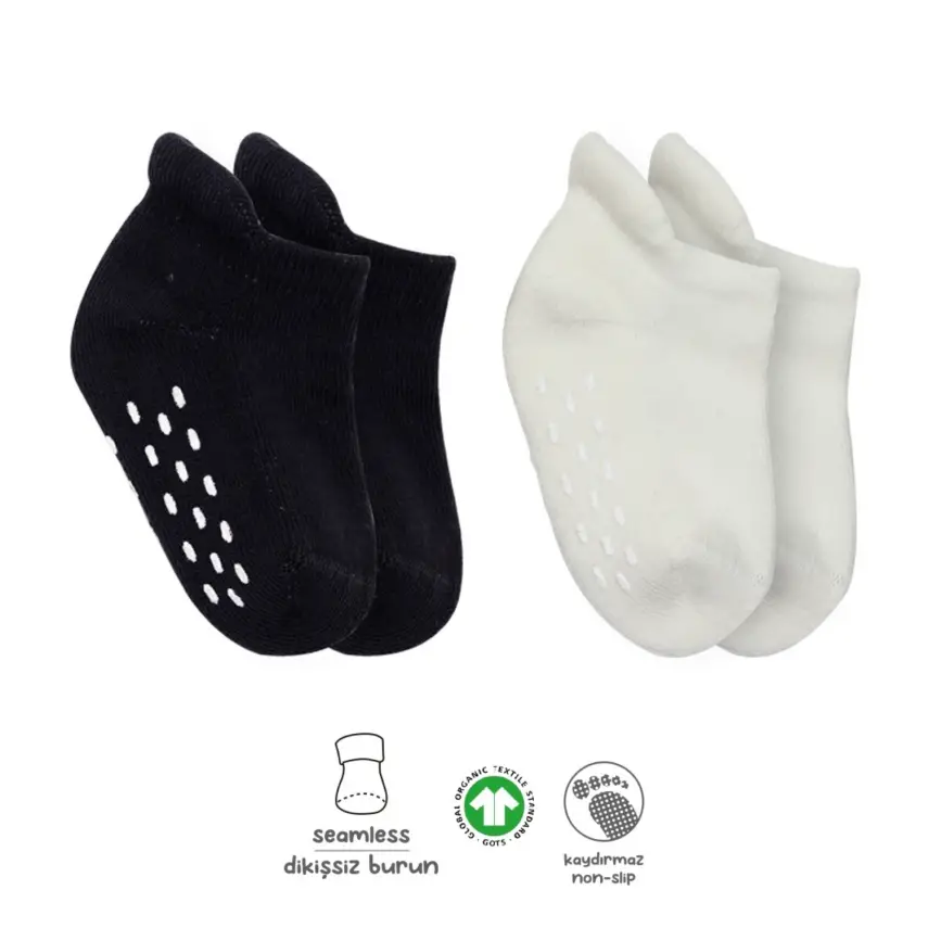 Bistyle Organik Çorap Sneakers Havlu 2li Kaymaz Basic Siyah - Ekru - 1