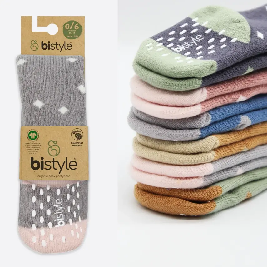 Bistyle Unisex Organik Çorap Külotlu Kaymaz Havlu Puanlı Gri - 8