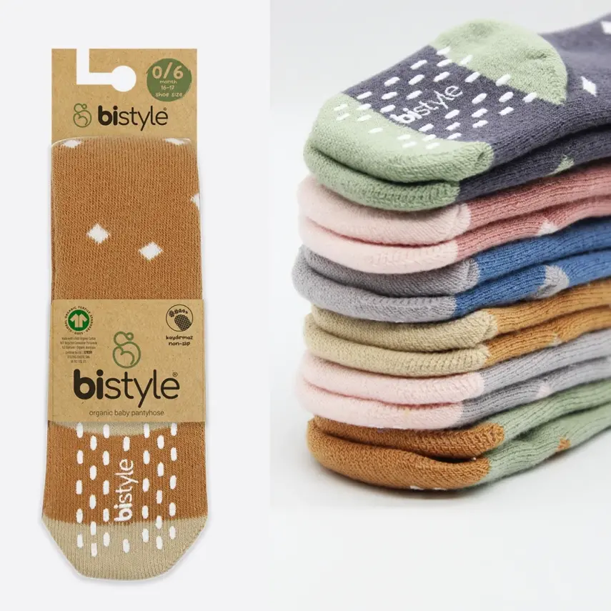 Bistyle Unisex Organik Çorap Külotlu Kaymaz Havlu Puanlı Hardal - 7