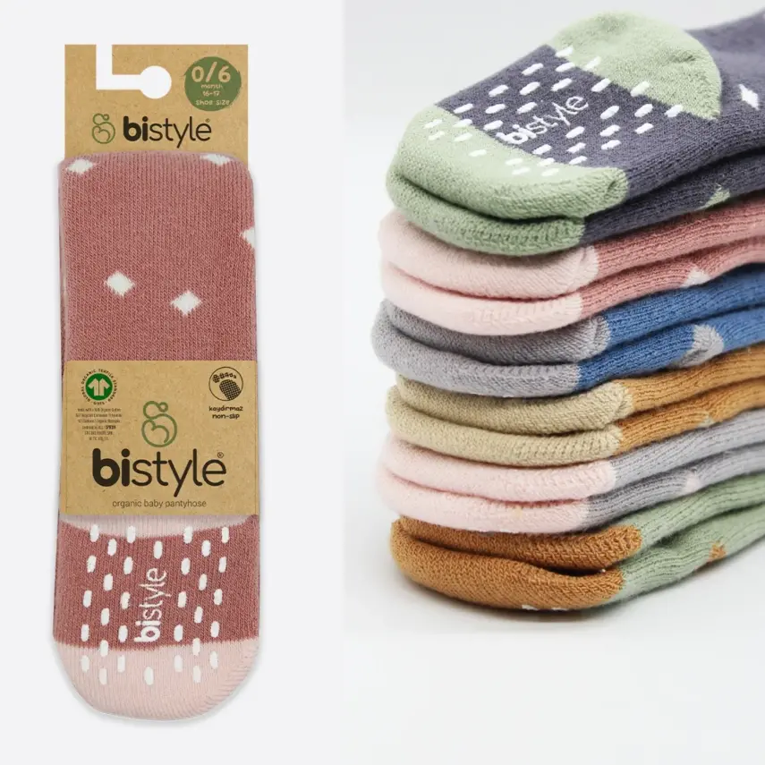 Bistyle Unisex Organik Çorap Külotlu Kaymaz Havlu Puanlı Pudra - 6