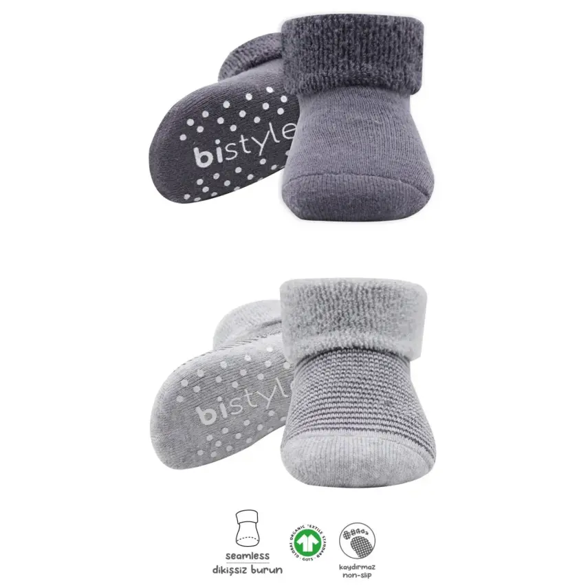 Bistyle Unisex Organik Çorap Soket Havlu 2li Kaymaz Çemberli Kıvrık Gri - Antrasit - 1