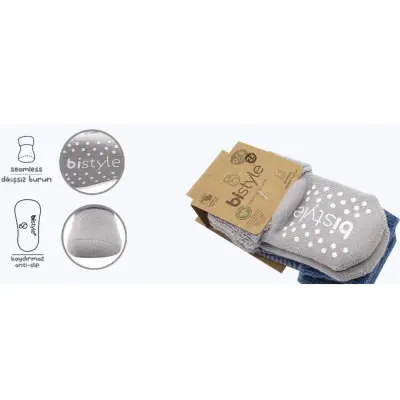 Bistyle Unisex Organik Çorap Soket Havlu 2li Kaymaz Çemberli Kıvrık İndigo - Gri - 2