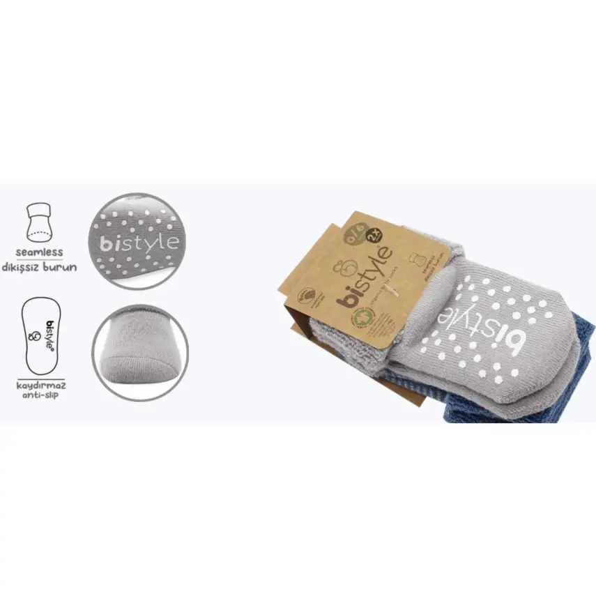 Bistyle Unisex Organik Çorap Soket Havlu 2li Kaymaz Çemberli Kıvrık İndigo - Gri - 2