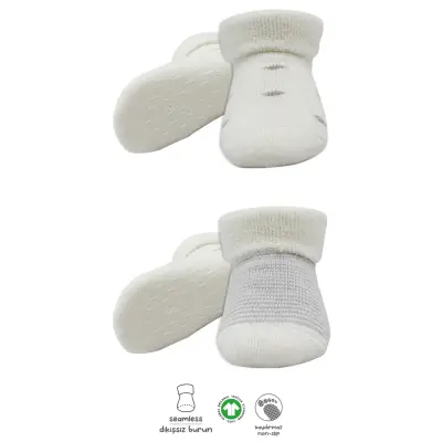 Bistyle Unisex Organik Çorap Soket Havlu 2li Kaymaz Çemberli Kıvrık Puanlı Gri - Ekru