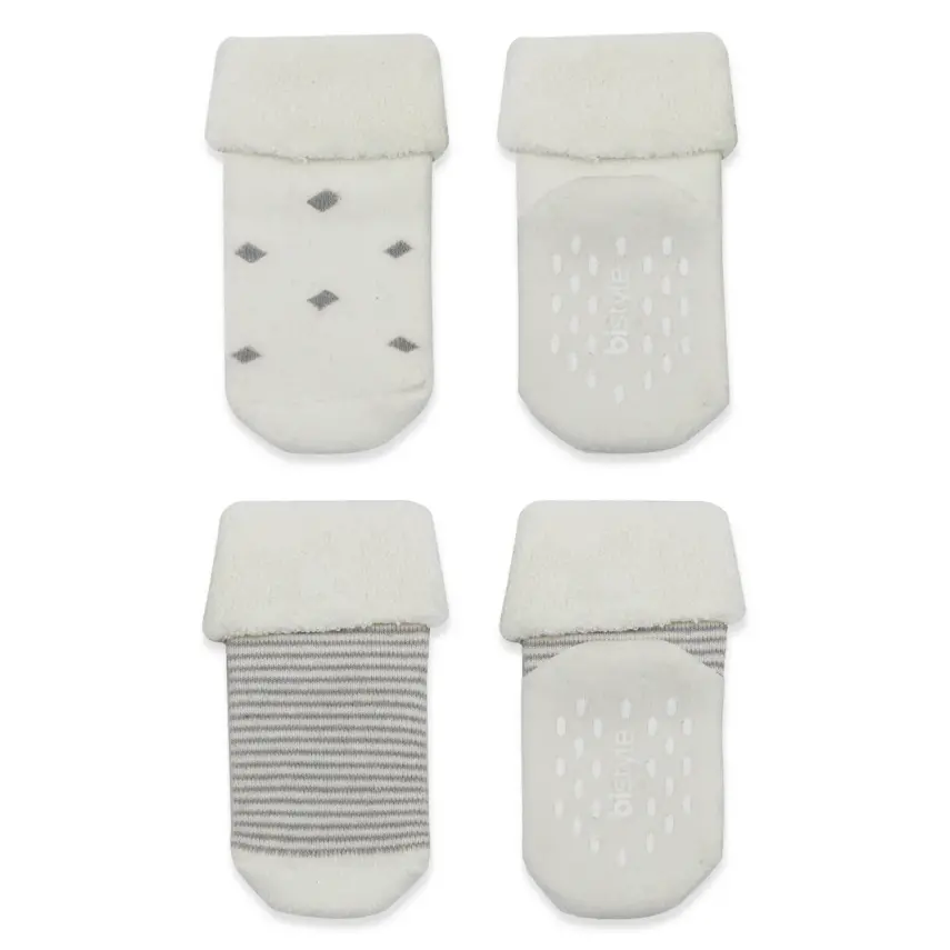 Bistyle Unisex Organik Çorap Soket Havlu 2li Kaymaz Çemberli Kıvrık Puanlı Gri - Ekru - 2