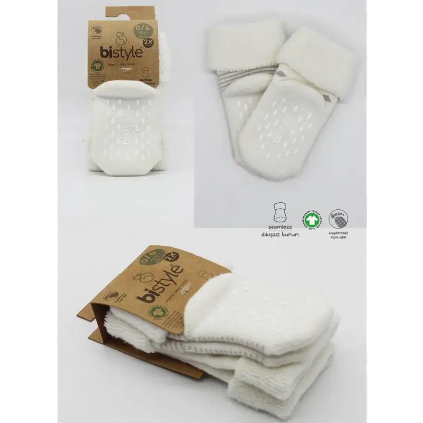 Bistyle Unisex Organik Çorap Soket Havlu 2li Kaymaz Çemberli Kıvrık Puanlı Gri - Ekru - 7