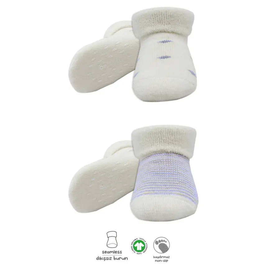 Bistyle Unisex Organik Çorap Soket Havlu 2li Kaymaz Çemberli Kıvrık Puanlı İndigo - Ekru - 1