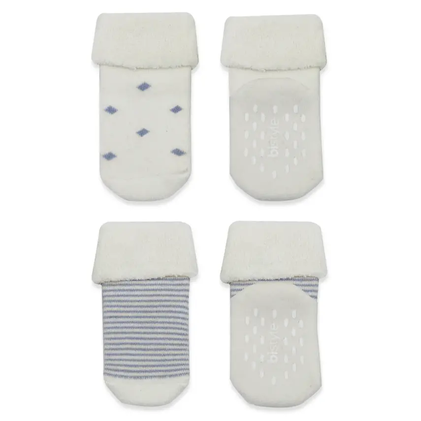 Bistyle Unisex Organik Çorap Soket Havlu 2li Kaymaz Çemberli Kıvrık Puanlı İndigo - Ekru - 2