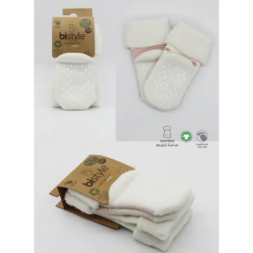 Bistyle Unisex Organik Çorap Soket Havlu 2li Kaymaz Çemberli Kıvrık Puanlı Pudra - Ekru - 9