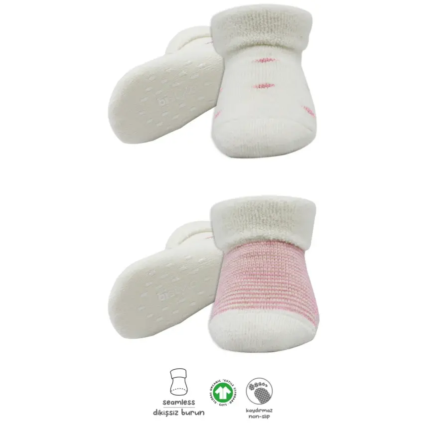 Bistyle Unisex Organik Çorap Soket Havlu 2li Kaymaz Çemberli Kıvrık Puanlı Pudra - Ekru - 1