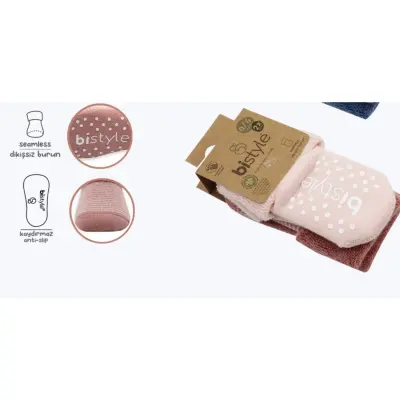 Bistyle Unisex Organik Çorap Soket Havlu 2li Kaymaz Çemberli Kıvrık Pudra - Pembe - 5