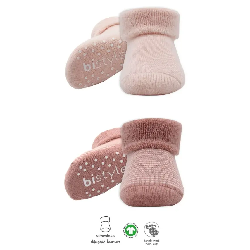 Bistyle Unisex Organik Çorap Soket Havlu 2li Kaymaz Çemberli Kıvrık Pudra - Pembe - 4