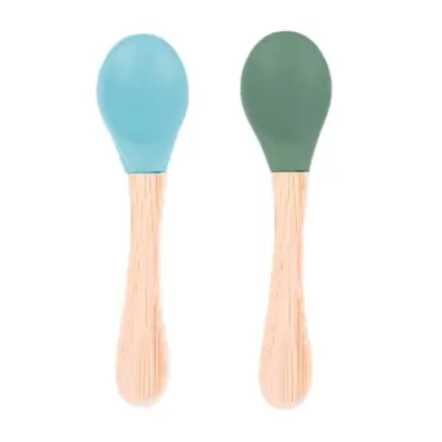 BM Care Bambu Saplı Silikon Mama Kaşığı 9+ ay Mavi-Yeşil 2 li