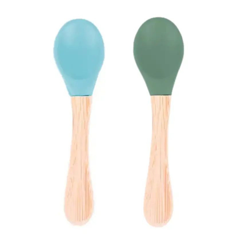 BM Care Bambu Saplı Silikon Mama Kaşığı 9+ ay Mavi-Yeşil 2 li - 1