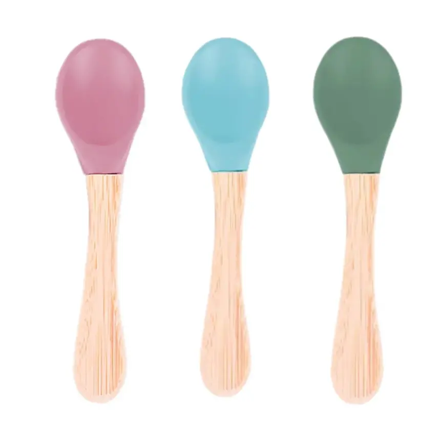 BM Care Bambu Saplı Silikon Mama Kaşığı 9+ ay Yeşil-Mavi-Pembe 3 lü - 1