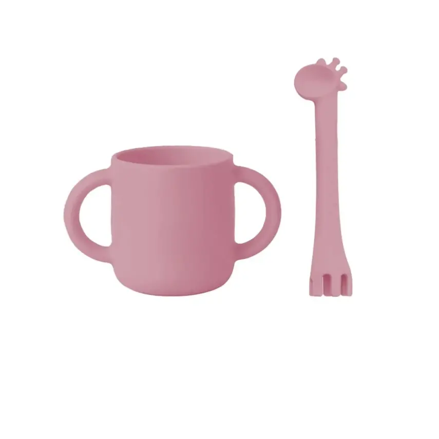 BM Care Mini Bardaklı Mama Çatal Kaşık Zürafa Seti Pembe - 1