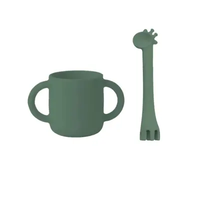 BM Care Mini bardaklı Mama Çatal Kaşık Zürafa Seti Yeşil