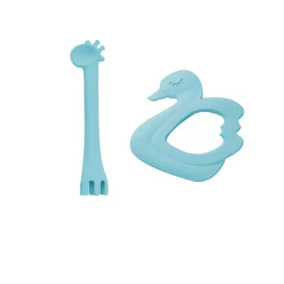 BM Care  Silikon Çatal Kaşık Zürafa, Kuğu Diş Kaşıyıcı Mavi 2li Set