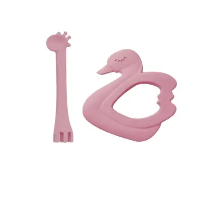 BM Care  Silikon Çatal Kaşık Zürafa, Kuğu Diş Kaşıyıcı Pembe 2li Set 