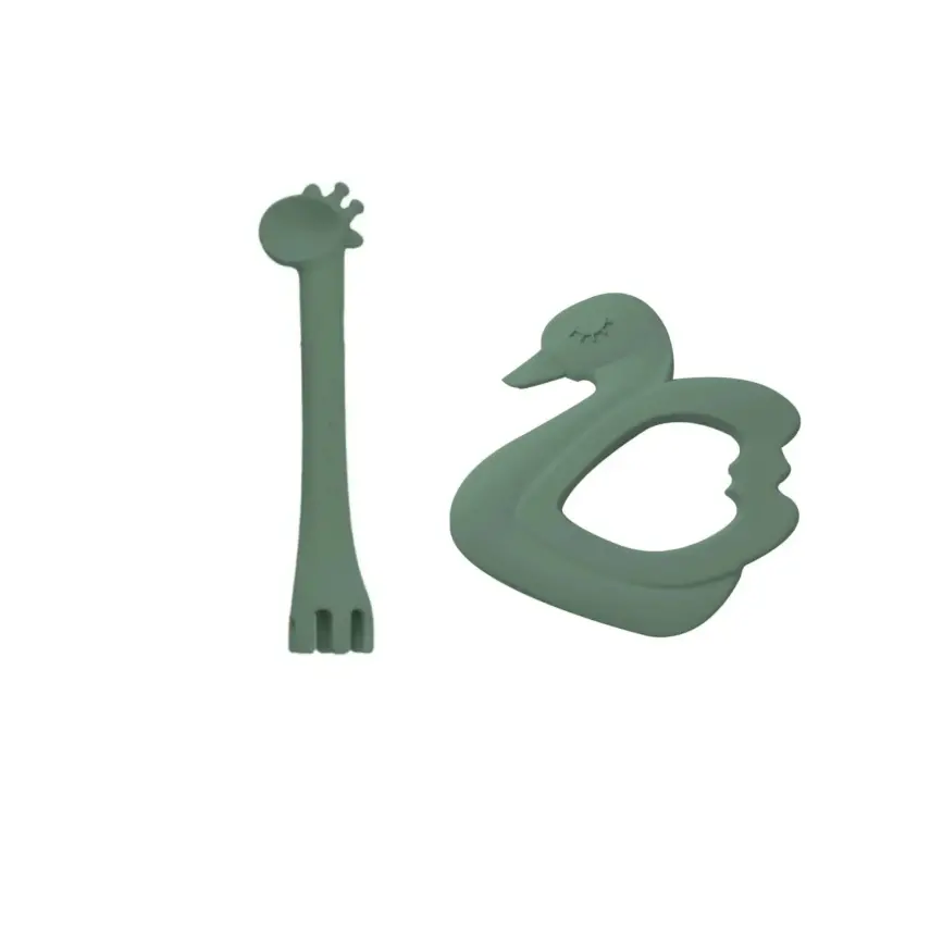 BM Care  Silikon Çatal Kaşık Zürafa, Kuğu Diş Kaşıyıcı Yeşil 2li Set - 1