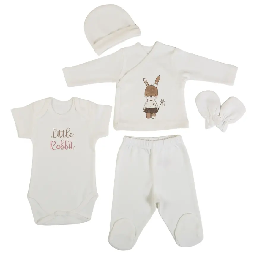 Bm Fabric Peri Tavşan Desenli Yenidoğan 5'li Hastane Çıkışı Kız Bebek - 1