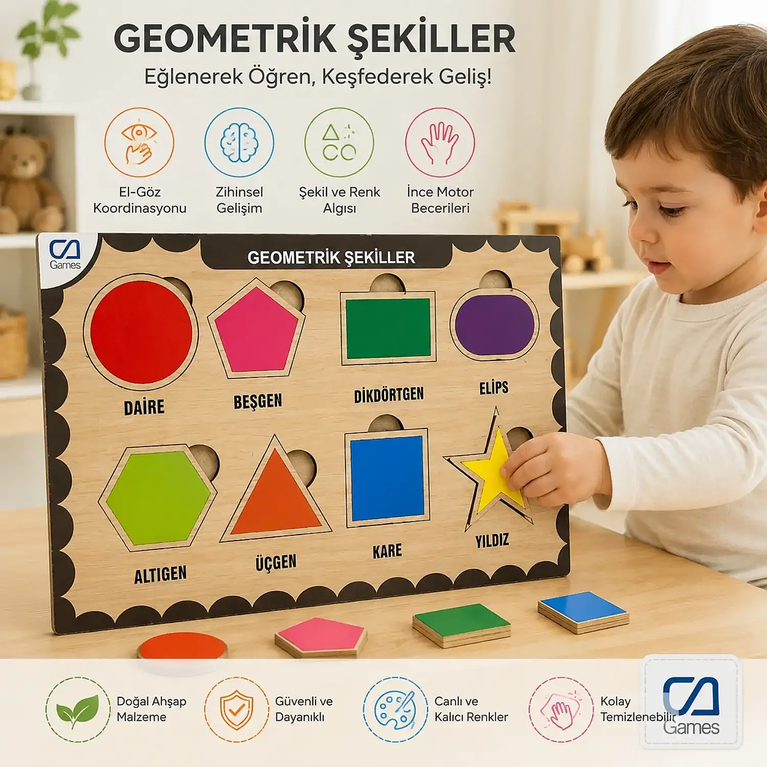 Ca Games Ahşap Tutmalı Puzzle Geometrik Şekiller