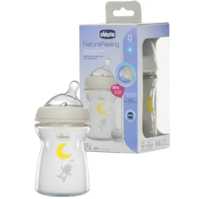Chicco Natural Feeling Silikon Emzikli Cam Biberon Desenli 250 ml 0+ Ay Yeni (1)