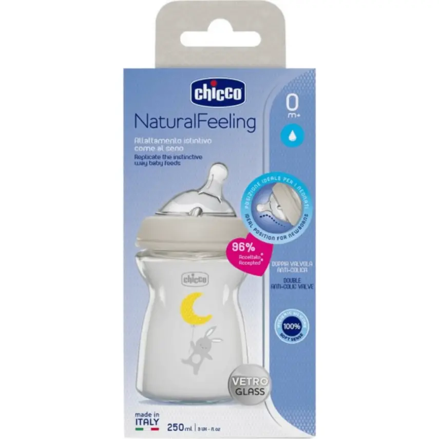 Chicco Natural Feeling Silikon Emzikli Cam Biberon Desenli 250 ml 0+ Ay Yeni - 3