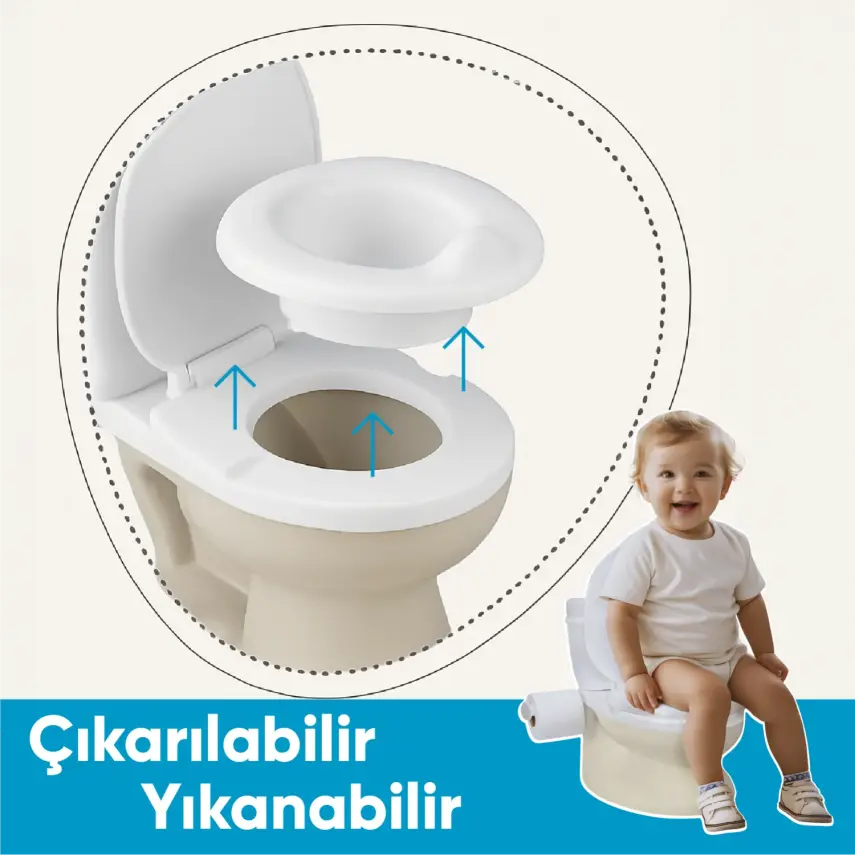 Dolu Nuve Eğitici Lazımlık Bebek Klozet Sifon Sesli Bej-Beyaz - 7